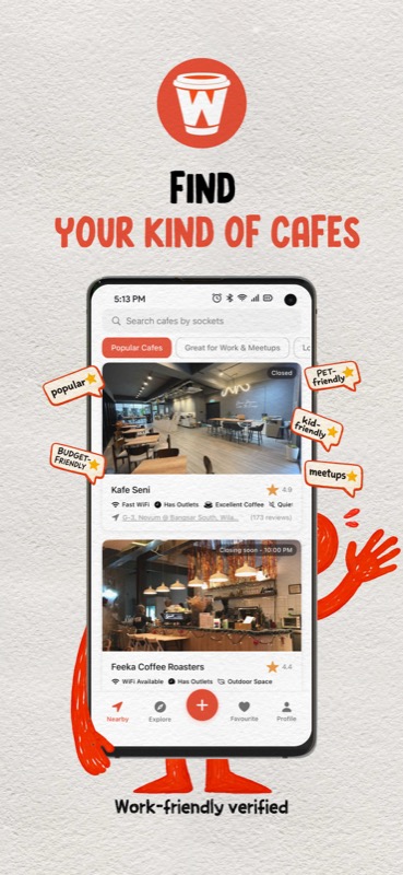 CoffeeWorx app showing cafe discovery in Kuala Lumpur