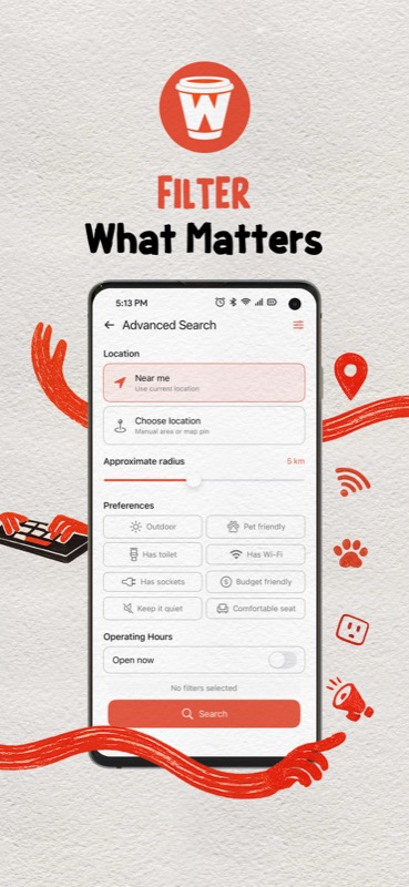 CoffeeWorx advanced search filters for work preferences